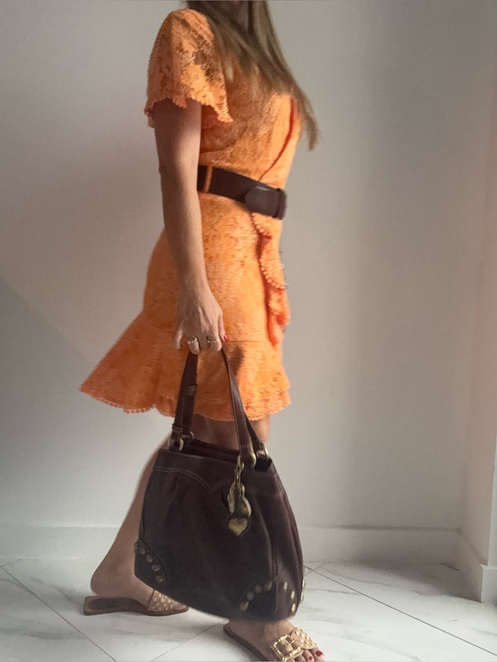 Women's Orange Lace Faux-Wrap Dress 🧡
